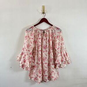 Vintage Y2K Chaps Dainty Floral Blouse Ruffled Bell Sleeves Cream Pink Sz Large